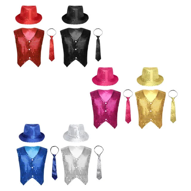 Kids Boys Waistcoat Shiny Jacket Necktie Vest Dance Streetwear Shirt Dress Up