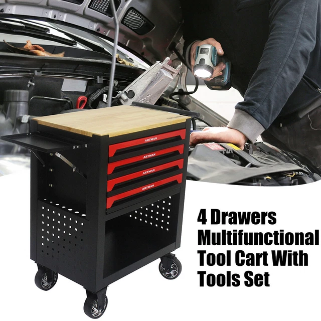 ROLLING TOOL CART W/ 4 Drawers Wooden Top Metal Tool Trolley For Garage