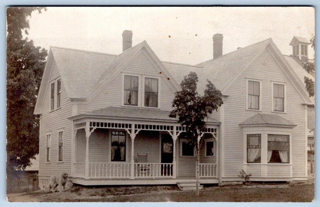 1909 Era Rppc Victorian House Front Porch Dog In Side Yard Stained Glass Window