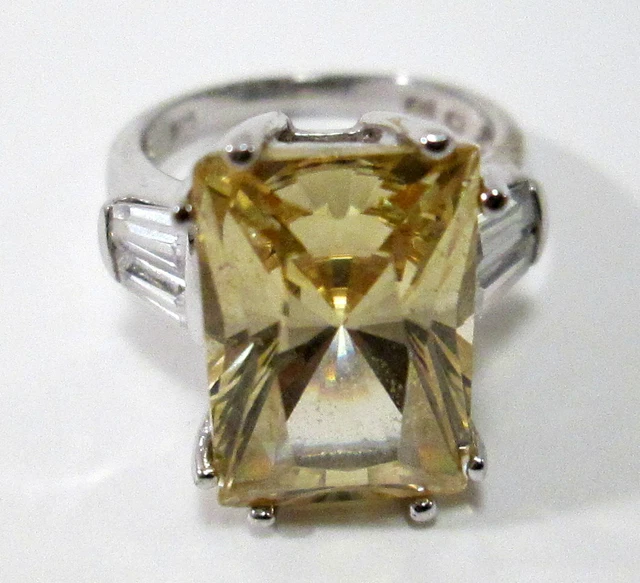 Signed Charles Winston Canary Yellow & White Stone Ring Marked CWE CZ 925 Sz 7