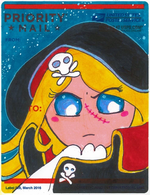 Emeraldas Pirate Queen graffiti sticker street art hand drawn USPS label 228