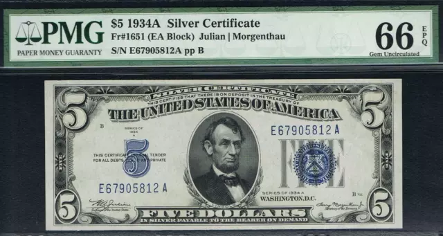 Non Mule Note. $5 1934A Silver Certificate. PMG 66 EPQ. Rare EA Block.