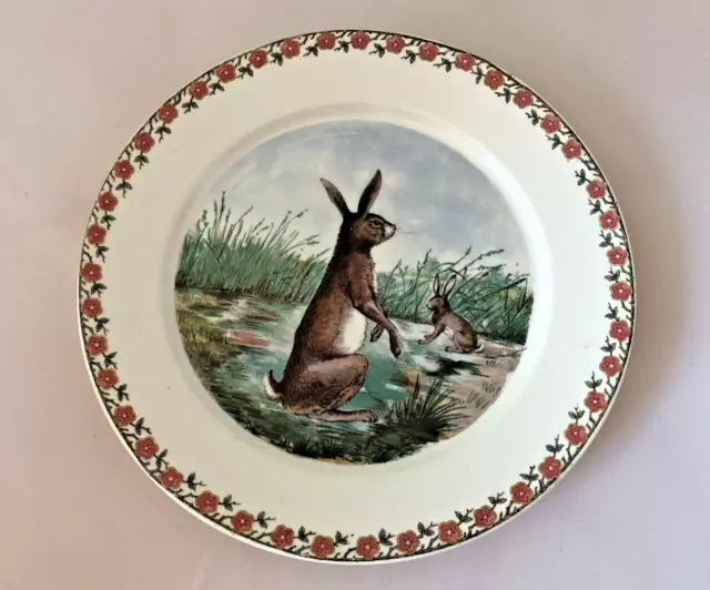 Antique Sarreguemines Germany 9" Dinner Plate Transferware Rabbit Hare Bunny