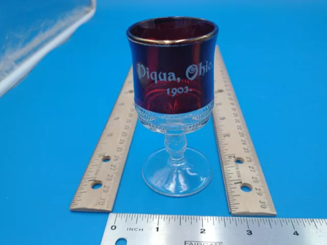 Antique SOUVENIR Ruby Red Flash Etched Glass 'Piqua, OH' 1903 4"Tall #1087