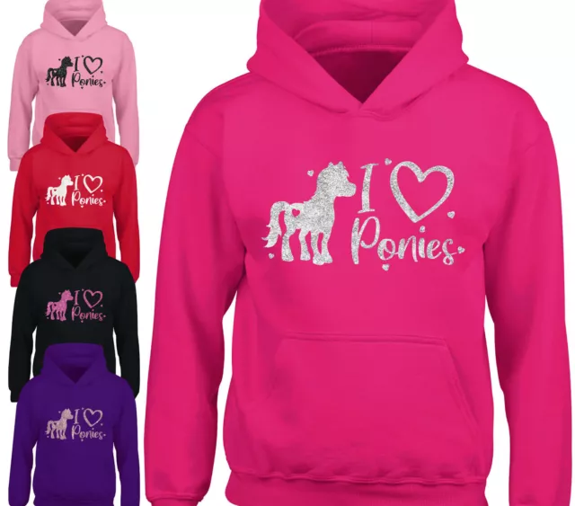 Kinder Reiten Hoodie Glitzer Reiter Kapuzenpullover Herz Ponys Pony Top