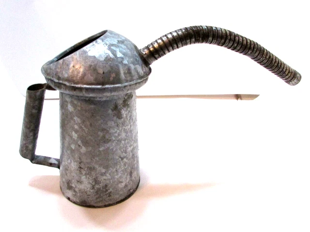 Antique 1930's Galvanized Tin 1/2 Gallon Garage Motor Oil Pitcher w Flex Spout
