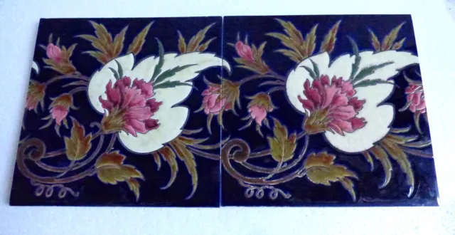 RARE Set Beautiful Flowers Longwy style -  Art Nouveau 2 Tile Jugendstil Fiese 2
