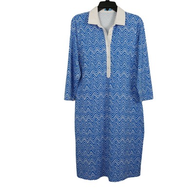 J. McLaughlin Catalina Cloth Calla Shift Dress Size Large Blue White Stretch