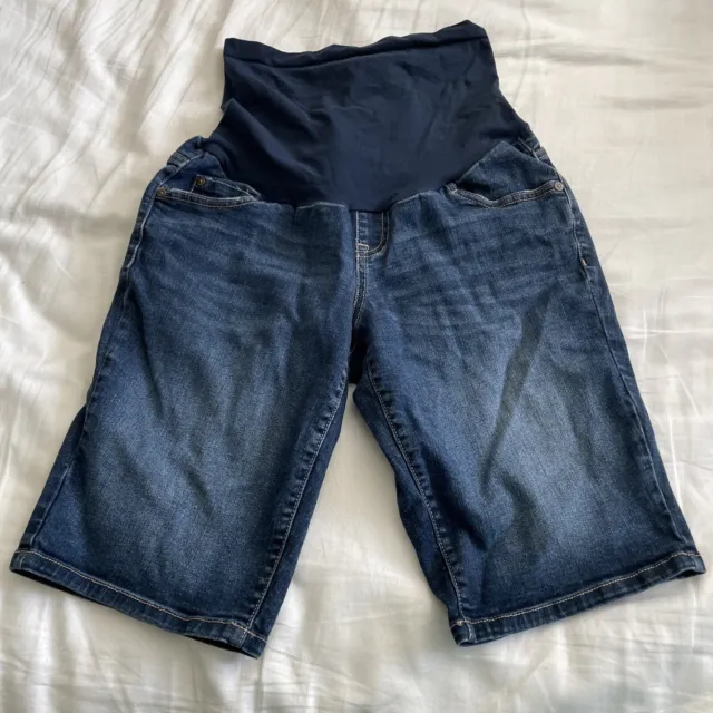 Indigo Blue Maternity Full Panel Pull On Bermuda Jean Shorts Size M Blue Pockets