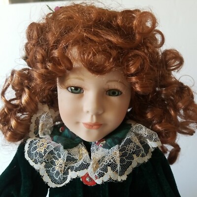 Christmas Porcelain Bisque Girl Doll in Green Velvet Dress 16" Blue Eyes Red Hr
