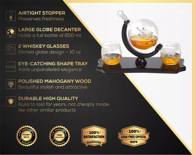 Elegant Globe Whiskey Decanter + 2 Matching Glasses + Mahogany Wooden Tray 2