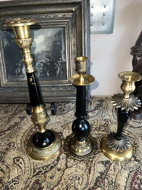 Pair Antique Hollywood Regency Style Ornate Gold cast metal Candlestick Holders