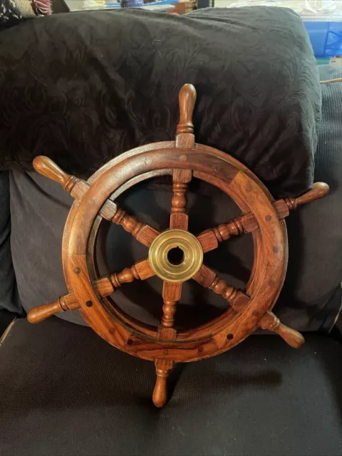 18"Inch Wooden Ship Wheel Wall Vintage Brown Brass Nautical Collectible Décor