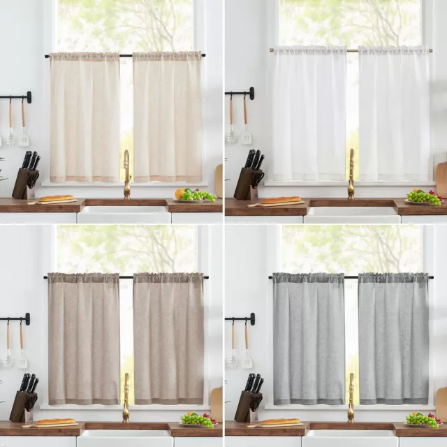 Flax Rustic Rod Pocket Curtains Linen Short Window Curtains Set 2 Panels