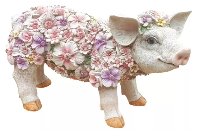 Dekofigur Schweinchen stehend mit Blumen lustige Gartendeko Tierfigur Ferkel
