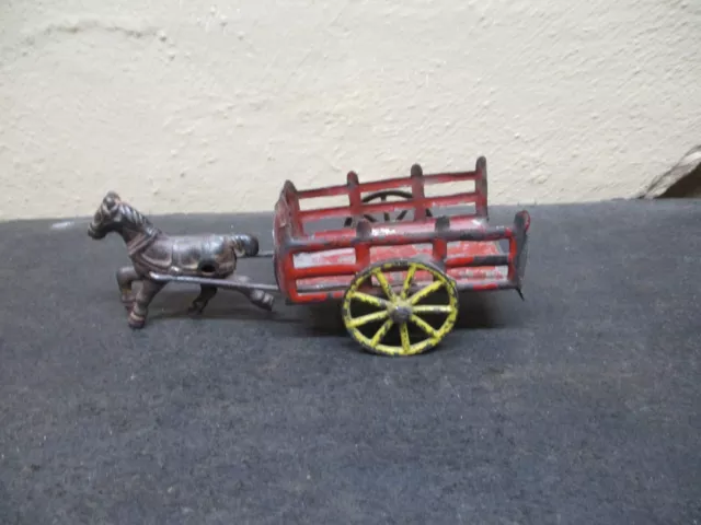 Antique Cast Iron Horse & Tin Wagon Toy Original Paint