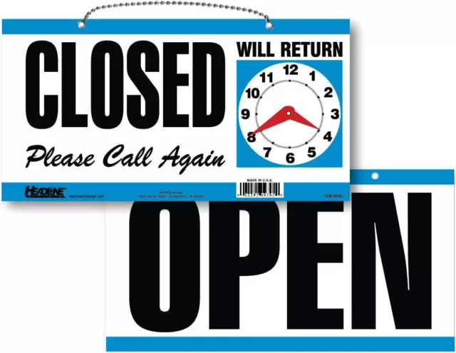 Sign Double Sided Open Closed Will Return Clock Hands 6 x 11.5 Inch Blue