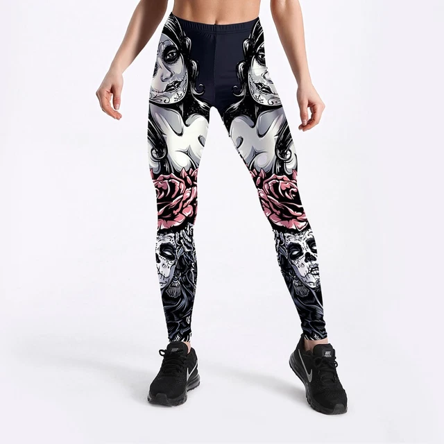 Women Girls Leggings Sports Yoga Pants Digital 3D Printed Gothic Rose Girl