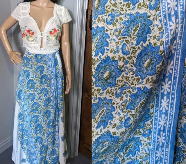 Vintage 70s Anokhi Block Print Blue Floral Wrap Cotton Maxi Skirt S M 8 10