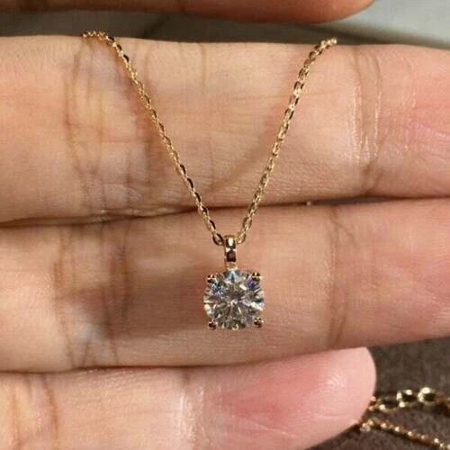 2CT Round Cut Moissanite Solitaire Pendant 18" Necklace 14K Yellow Gold Plated