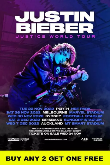 JUSTIN BIEBER 2022  Laminated Australian Tour Poster FREE POSTAGE