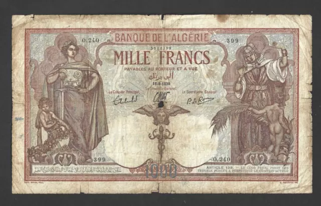 1000 Francs  Vg  Banknote From  French Algeria 1939 Pick-83 Very Rare