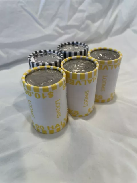 5 Rolls Half Dollar Coins $50 FV bank sealed Loomis/Brinks 100 Coins US Currency 3