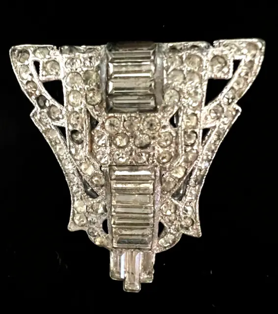 Antique Art Deco Vintage Silver Tone & Clear Rhinestone Fur Scarf Dress Clip