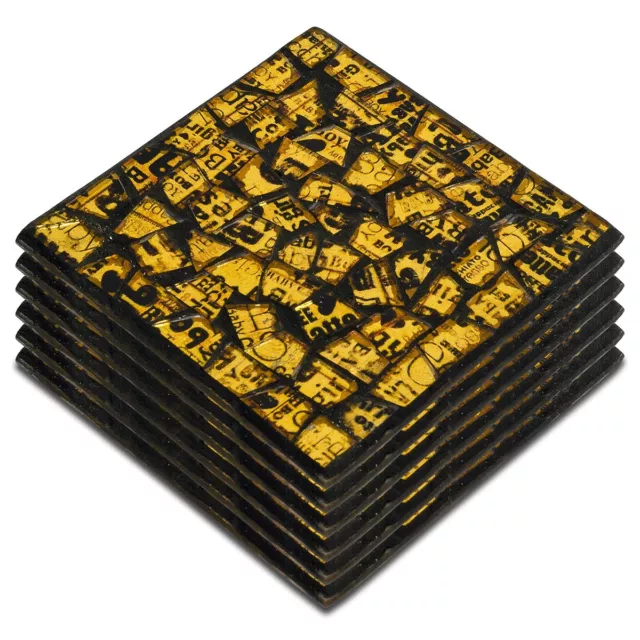 Conjunto De 6 Dorado Negro Mosaico Cristal Posavasos Revista Periódico Recorte