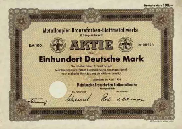 Metallpapier Blattmetallwerke MBB 1954 München Nürnberg Fürth 100 DM Stockdorf