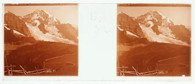 Montagne Neige Photo P2n2 Stereo Plaque de verre Vintage c1920