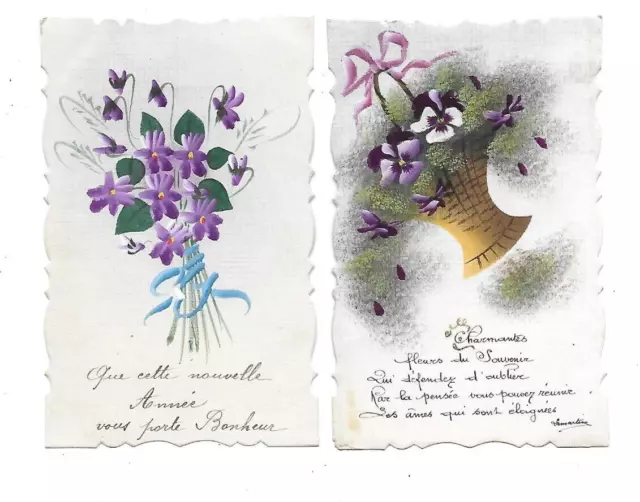 2 Belles CPA carte postale ancienne  violettes peint main bonheur