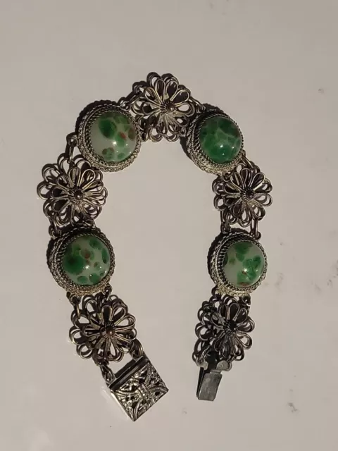 Vintage Silver Tone Flower Green Mottled Glass Stone Link Bracelet Women Costume