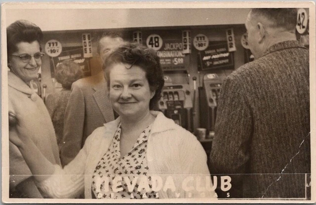 Vintage 1960s LAS VEGAS Photo RPPC Postcard NEVADA CLUB Woman at Slot Machines