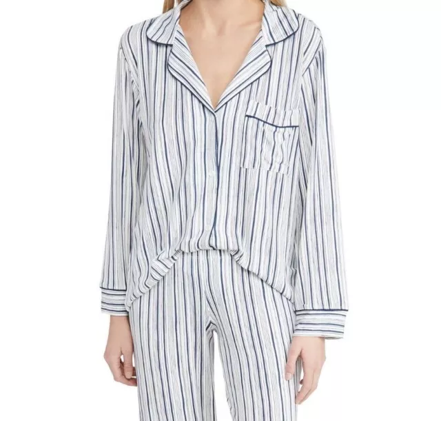 NWT! Eberjey Women's Sz XS Gisele Printed Notch Long Pajama Top Blue Stripes