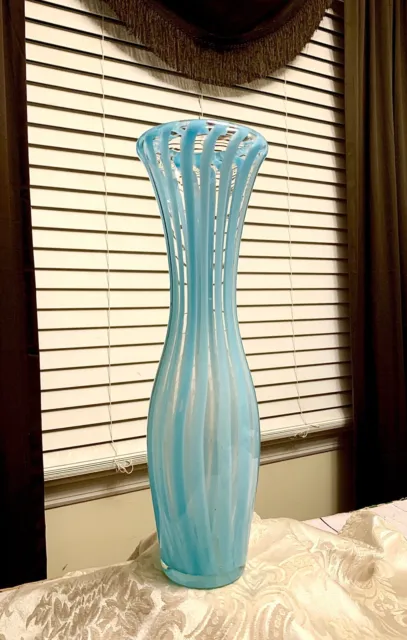 Beautiful Light Blue Striped Ribbon Tall Studio Art Glass Vase