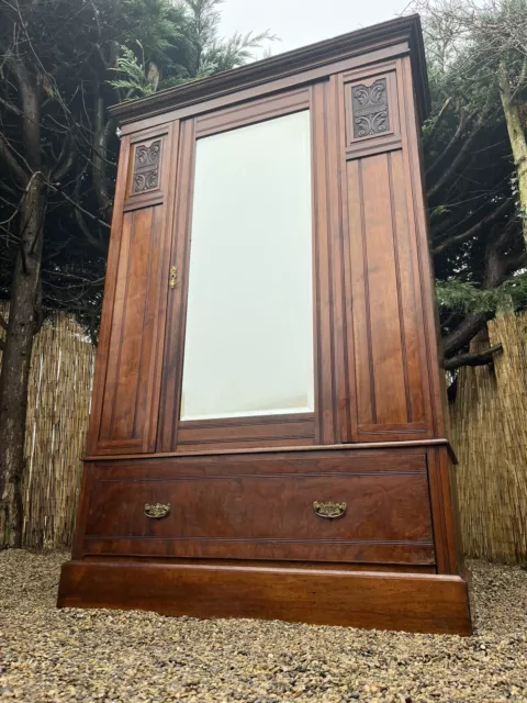 Antique Edwardian Carved Mahogany Art Nouveau Mirrored Double Wardrobe Armoire #