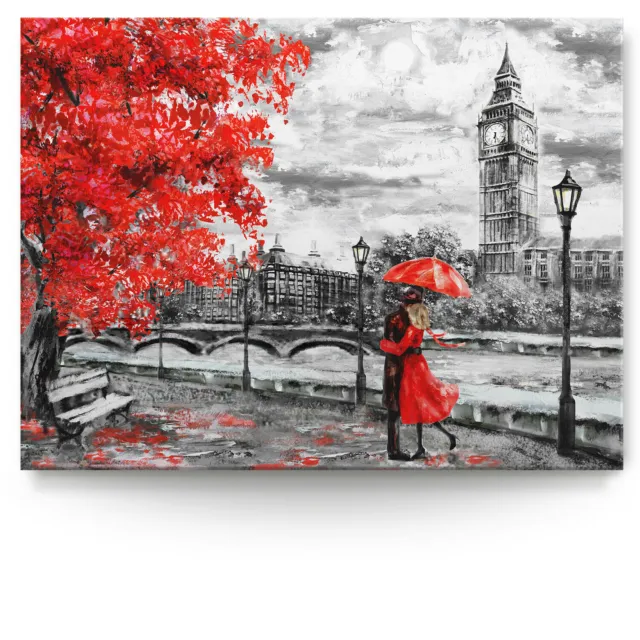 XXL Panorama Wandbild von London wie gemalt als Kunstdruck für Zuhause, rot-weiß