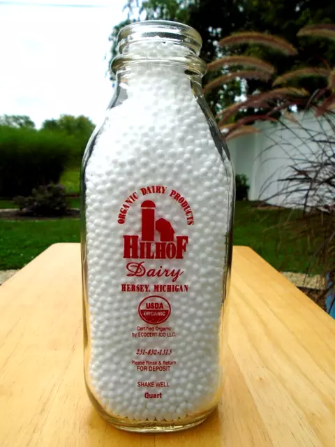 Hilhof Dairy (1) Quart Glass Milk Bottle! Hersey, Mi. Nice Graphic's Very Clean!