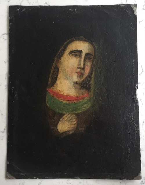 ANTIQUE SPANISH COLONIAL Retablo Folk Art Painting Tin Mexican Ex Voto