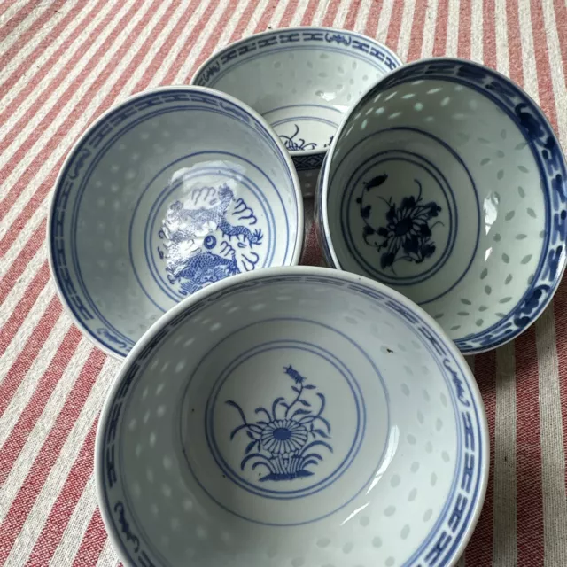 4 Blue/white Rice Eye Design Bowls