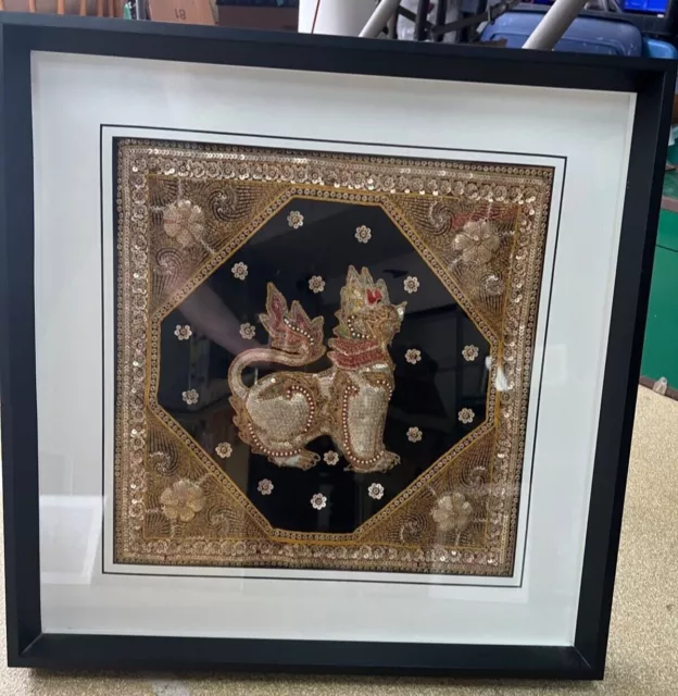 Vintage Burmese Kalaga framed Tapestry Lion beaded sequins in shadow box frame