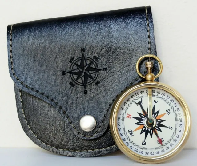 Vintage Brass Pocket Compass With Black Leather Case Golden Magnetic Compass Gif