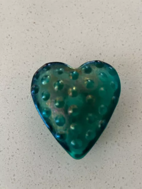 Signed Robert Held Art Glass Heart Paperweight Iridescent Blue / Green