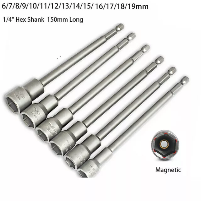 Magnetic Nut Driver Socket Or Set 150mm Long Impact Drill Bit Hex Shank 6mm-19mm