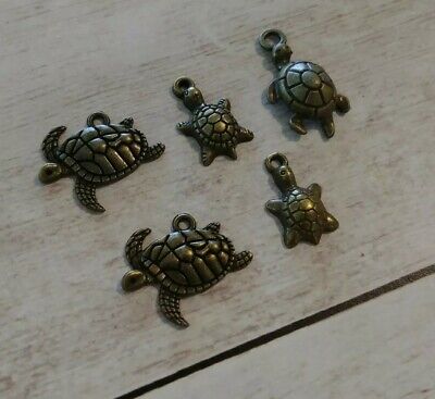 5 Sea Turtle Charms Antique Bronze Tone Tortoise Pendants Nautical Sea Life