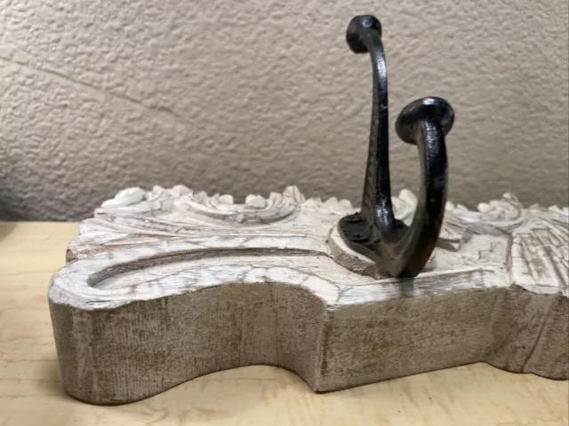 Vintage Thick Carved Painted Wood Wall Hanger w/ 2 Heavy Iron Hooks India Made 13