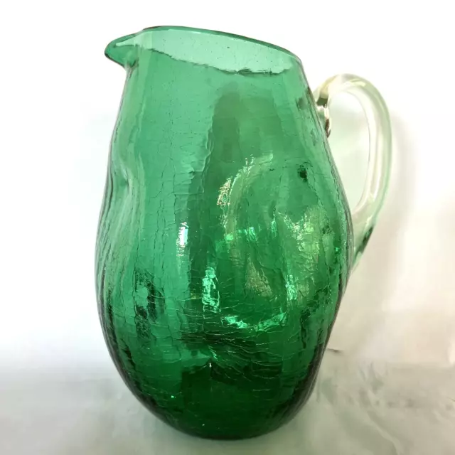 Blenko Vintage Winslow Anderson Green Crackled Glass Dimpled Pitcher 9.5"T Tp189