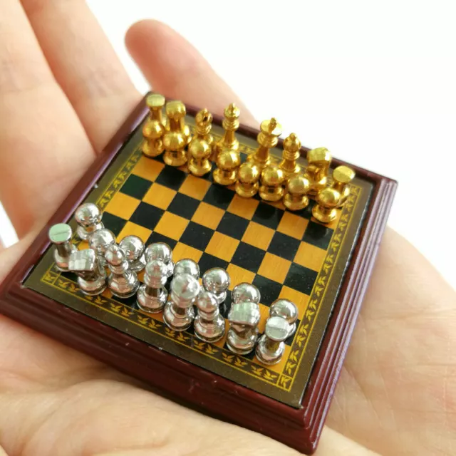 1/12th Doll house Miniature Toy Mini Metal Chess and Board Set Play Games Decor