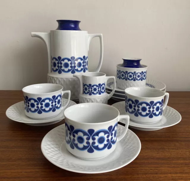 MCM Retro Coffee Set For 3 - Blue And White - Ceramic - Breakfast Set - Vintage